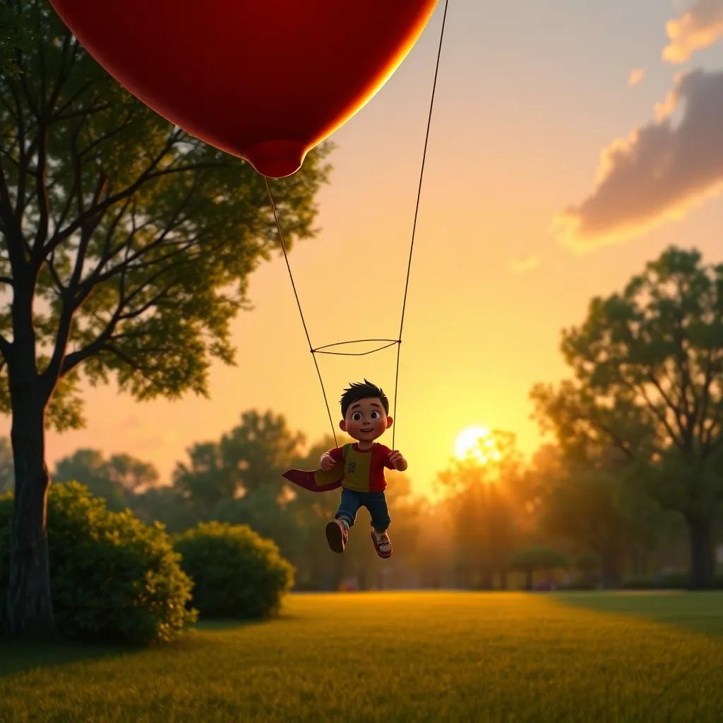 Tomás and the red balloon descending gently back to the park, with trees in the background and a setting sun, capturing the end of a fun adventure, vibrant colors