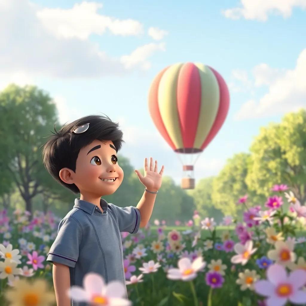 A young boy, Tomás, smiling as he waves goodbye to the balloon, which is now resting in the park, surrounded by flowers, heartwarming conclusion, gentle colors