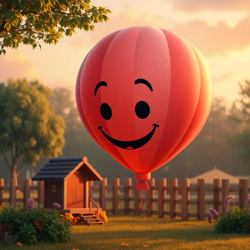 The balloon with a happy face, tucked in a little corner of the park, with a big smile, remembering the adventure, warm colors and a peaceful setting.