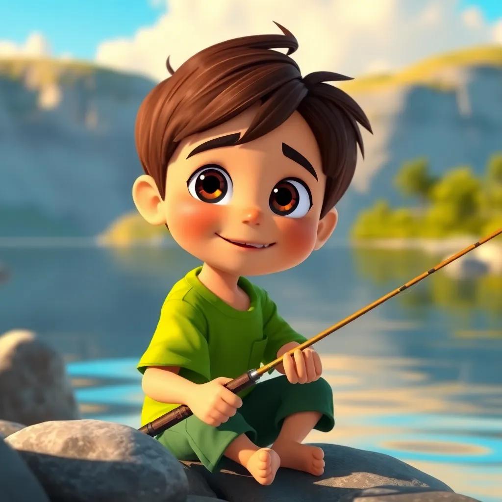 A curious boy, Diego, with short brown hair and a green shirt, sitting on the lakeshore with a fishing rod, looking excited and hopeful, sunny day, warm light, colorful, inviting scene