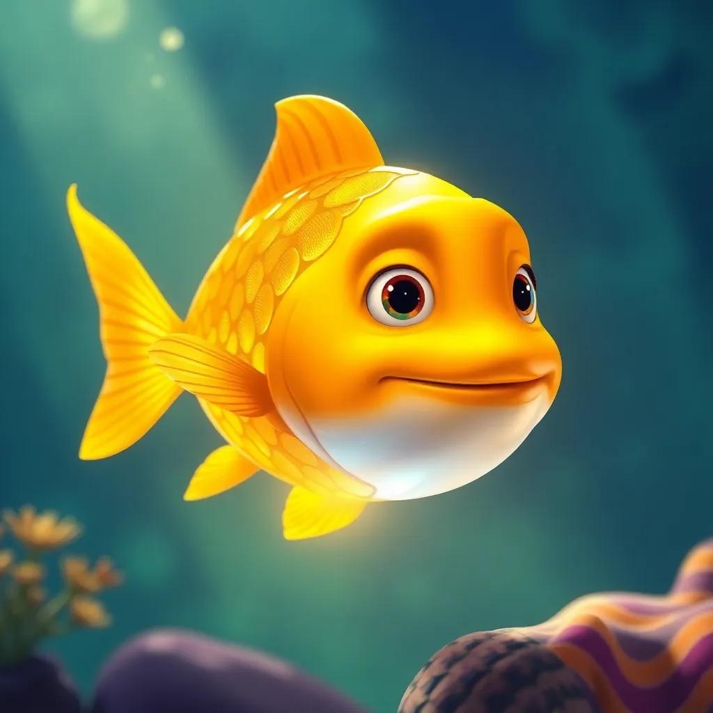A magical golden fish appearing in front of Diego, its scales shimmering with sunlight, close-up, enchanting, bright colors, playful view, high quality