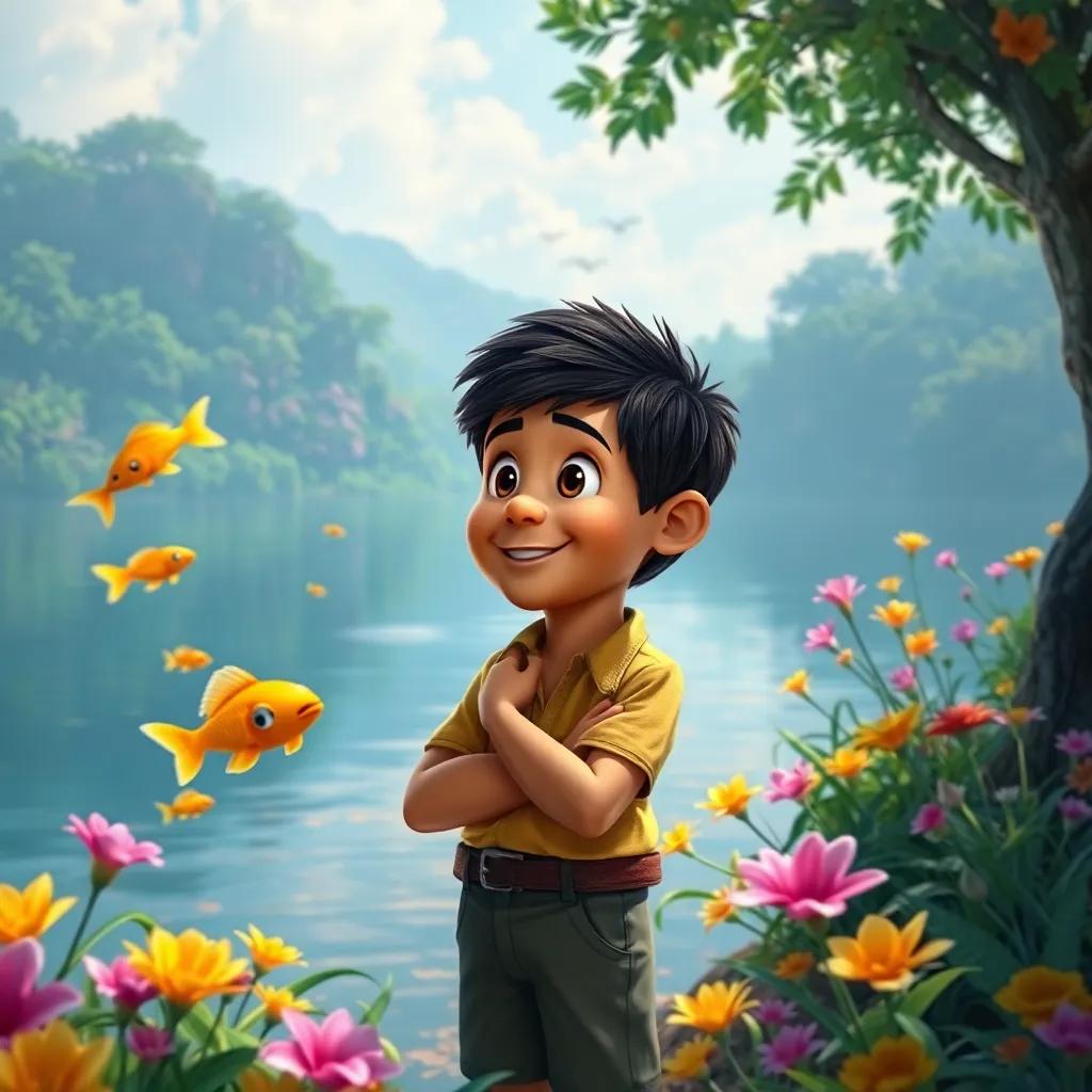 Diego thinking deeply with a big smile, standing at the edge of the lake while the golden fish swims around, tranquil water, nature scenery, colorful flora surrounding, vibrant atmosphere, high quality