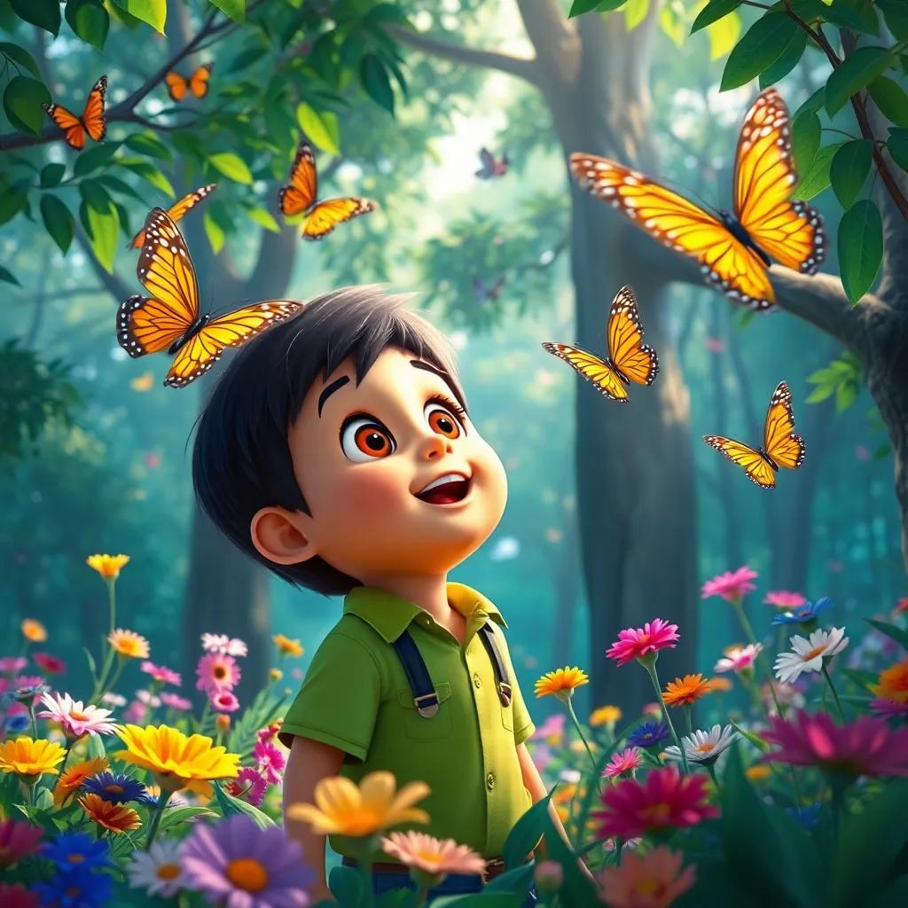 Diego observing butterflies, colorful flowers, and trees in a lovely forest, amazed expression, sunlight peeking through leaves, bright and inviting, joyful scene, high quality