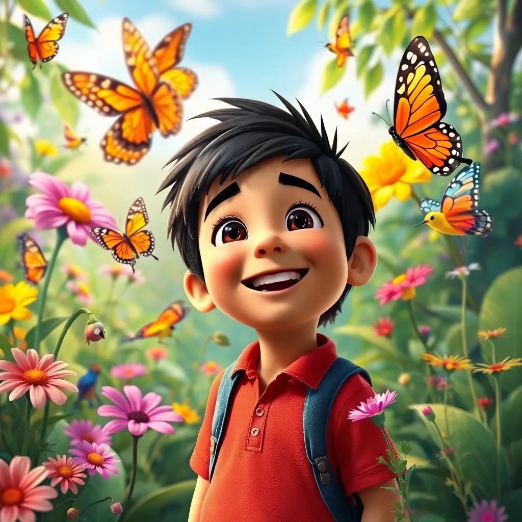 Diego joyfully admiring a variety of natural wonders, butterflies, flowers, and singing birds in a beautiful setting, smiling face, colorful, detailed imagery, high quality