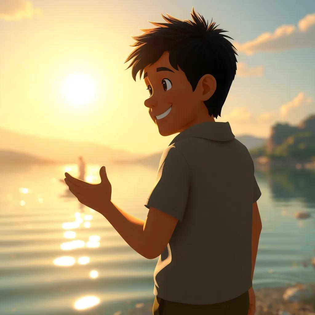 Diego returning to the lake, feeling grateful and happy, a scenic view with glowing sunshine, glowing water reflections, warm and uplifting, high quality