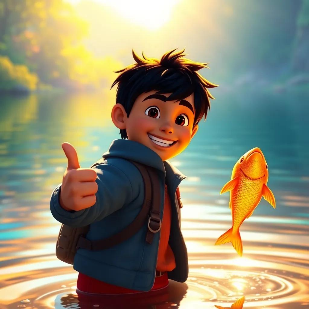 Diego smiling back at the golden fish and giving a thumbs up, sunlight shining, colorful lake background, strong sense of joy and gratitude in the scene, high quality