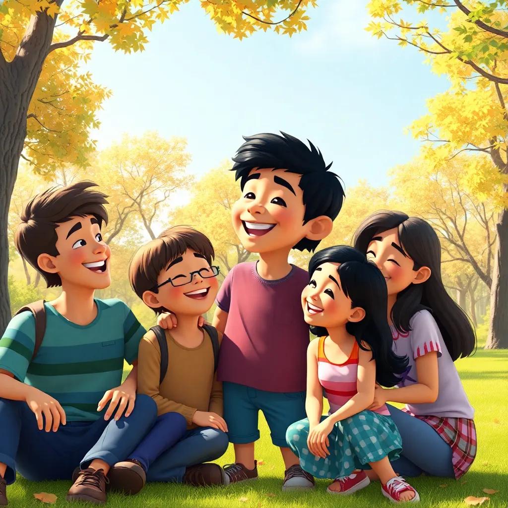 Diego surrounded by friends, laughing together in a sunny park, emphasizing the warmth of friendship and simple moments, festive colors, joyful atmosphere, high quality