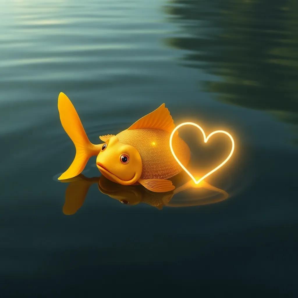 A golden fish swimming peacefully in the lake, with Diego’s heart symbol glowing beside it, showcasing love and gratitude, magical and heartwarming, high quality