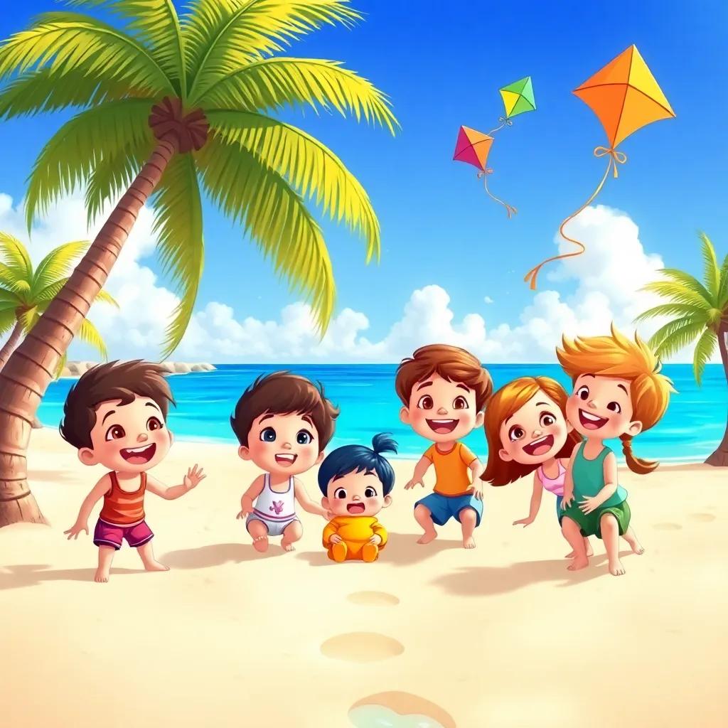 A beautiful island scene with children playing in the sand, smiling and laughing, with colorful kites flying in the sky, surrounded by palm trees and blue ocean, illustration, vibrant, cheerful, child-friendly.
