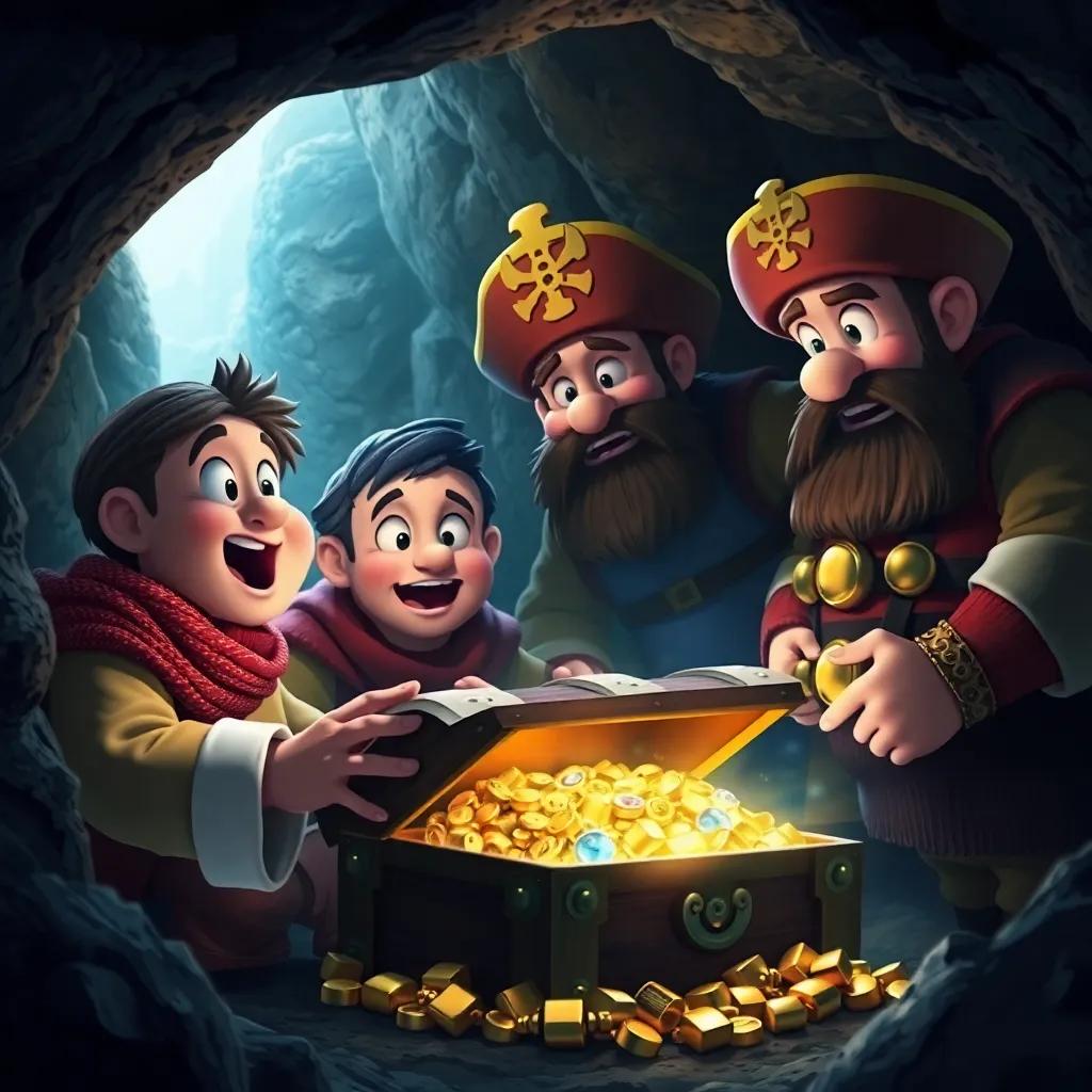 Captain Oro and his crew finding a treasure chest in a dark cave, filled with gold and jewels, surprised expressions on their faces, magical light coming from the chest, digital painting, thrilling, mysterious, high quality.