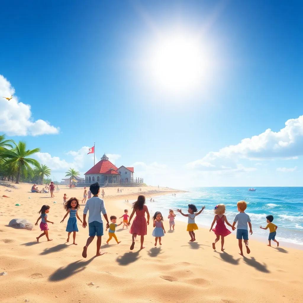 A peaceful beach with Captain Oro's house in the background, children and families playing together, under a bright blue sky, the sun shining, symbolizing happiness and community, digital art, vibrant, inviting, high quality.