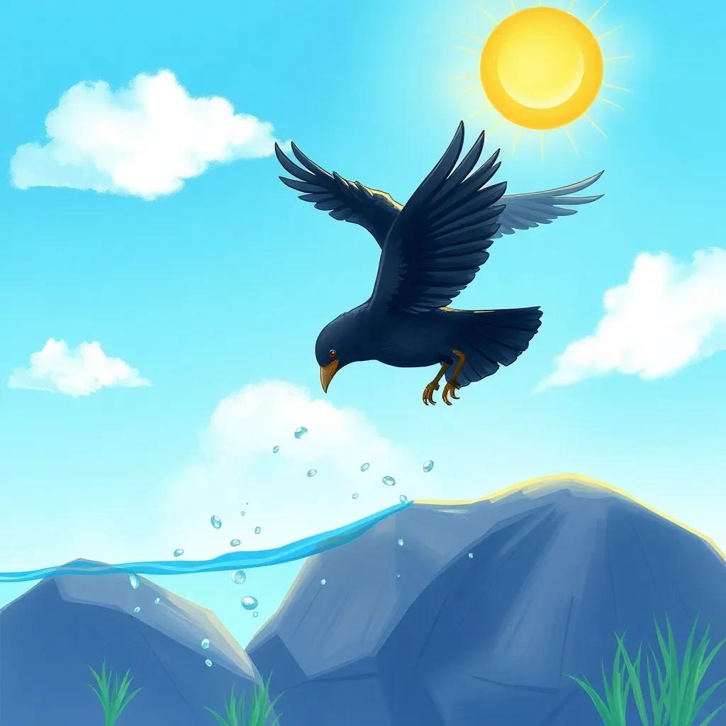 A black crow flying in a bright blue sky, searching eagerly for water, hot summer sun shining down, digital art, colorful, cheerful, vibrant