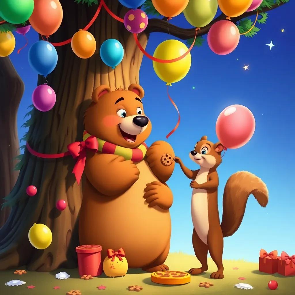 Osito, the bear, decorating a big tree with colorful balloons and ribbons, while a squirrel helps by adding nuts and cookies, bright playful scene, detailed illustration, vibrant colors, cheerful atmosphere, high quality