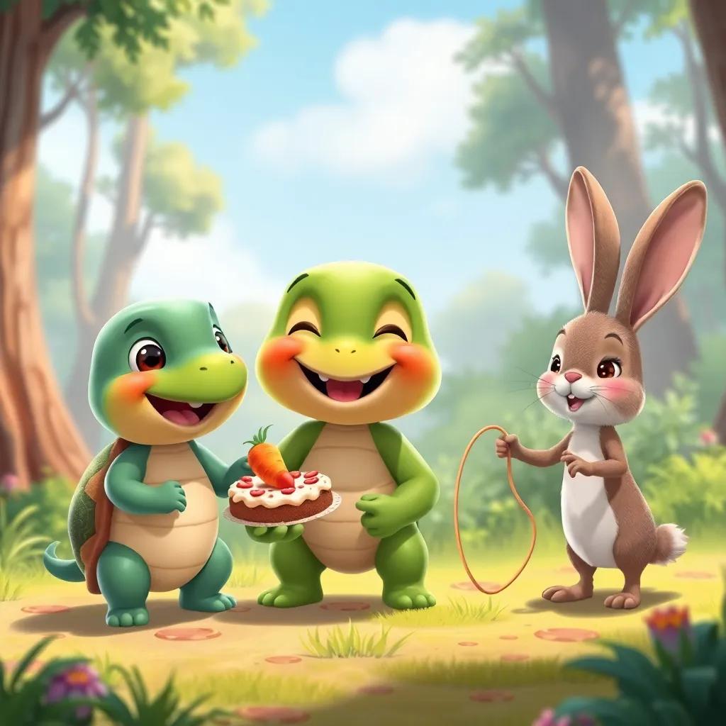 Osito, surrounded by his smiling friends: a turtle with a carrot cake and a rabbit with jumping rope, playing games in a sunny forest clearing, cheerful, vibrant colors, detailed artwork, whimsical atmosphere, high quality