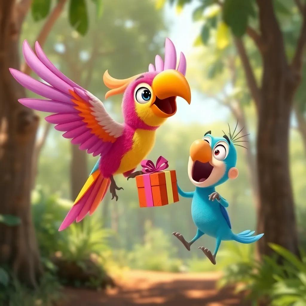 Bubblegum the parrot, colorful and cheerful, flying with a surprise gift in his beak towards Osito, who is excited and surprised, sunny forest background, bright colors, playful mood, high quality