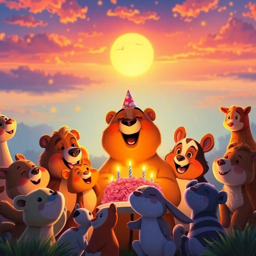 Osito, the bear, surrounded by his friends, singing a birthday song under a beautiful sunset, warm light, lovely expressions of joy on the animals' faces, magical atmosphere, high quality