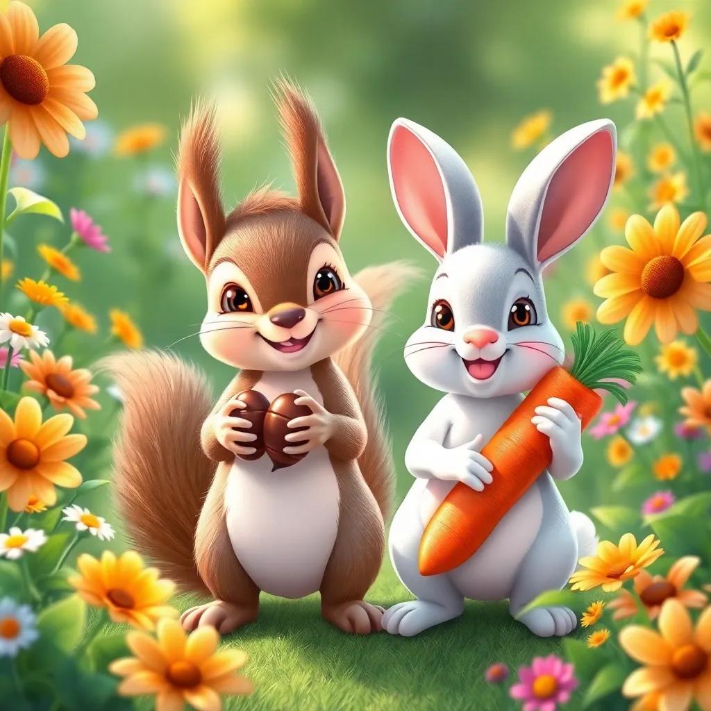 A cute squirrel bringing shiny acorns and a smiling rabbit with fresh carrots, surrounded by colorful flowers and bright greenery, illustration, lively and friendly, vibrant colors, whimsical perspective, high quality