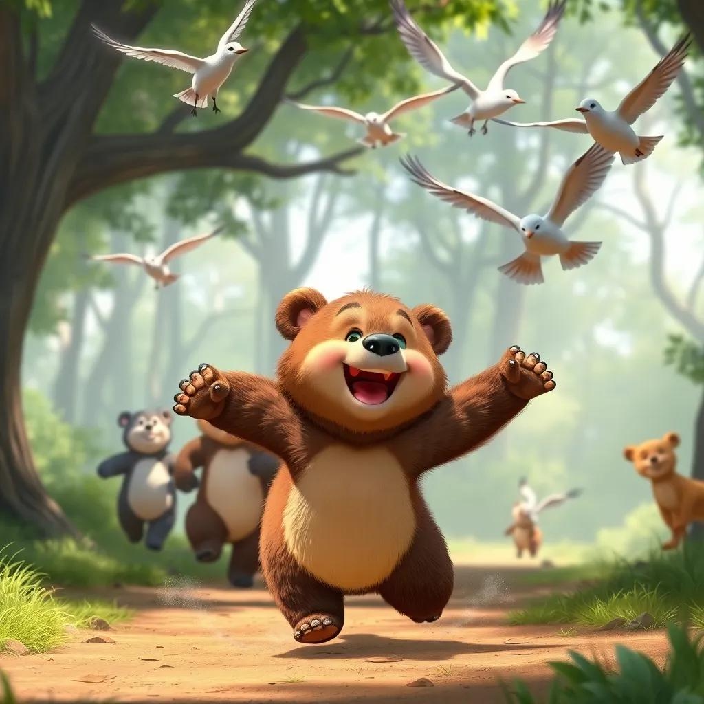 A playful bear cub running and laughing with friends in a forest, birds flying above and trees in the background, action shot, joyful scene, bright colors, cheerful atmosphere, high resolution