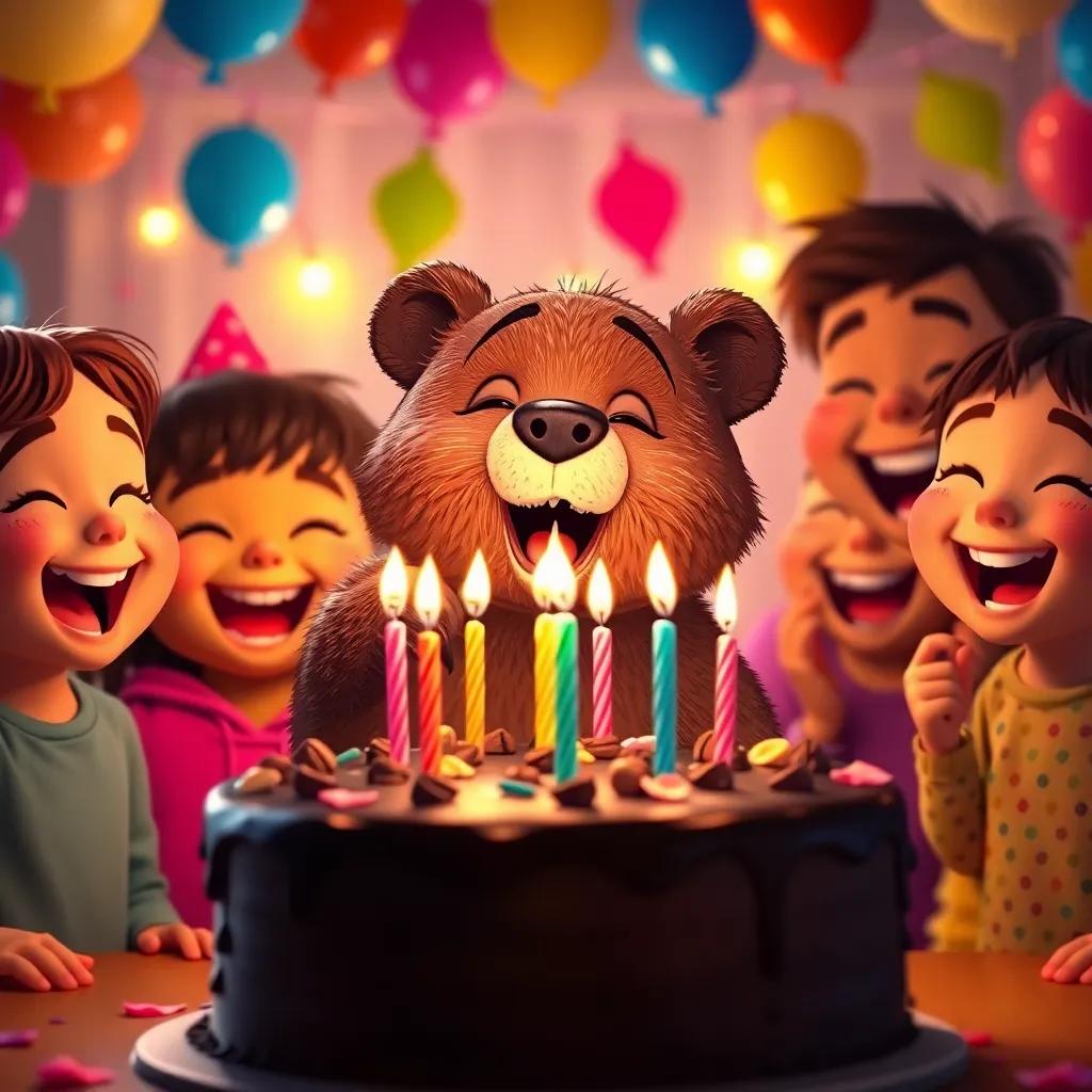 A bear cub blowing out birthday candles on a chocolate cake, surrounded by friends singing joyfully, colorful balloons and decorations in the background, warm light, festive atmosphere, joyful perspective, high quality