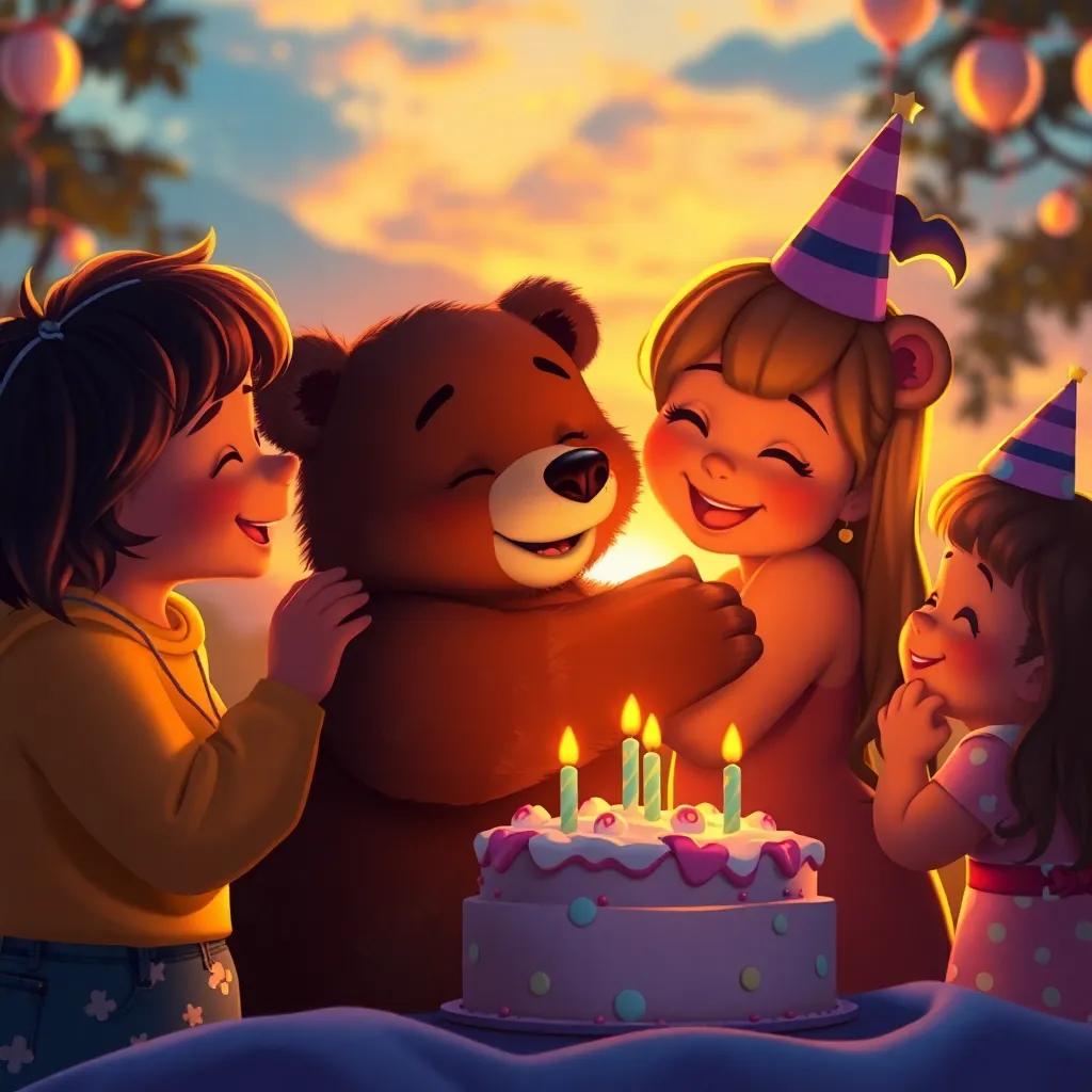 A bear cub hugging friends at sunset after a fun birthday party, surrounded by warmth and happiness, soft golden light, heartwarming scene, enchanting colors, emotional connection, high quality