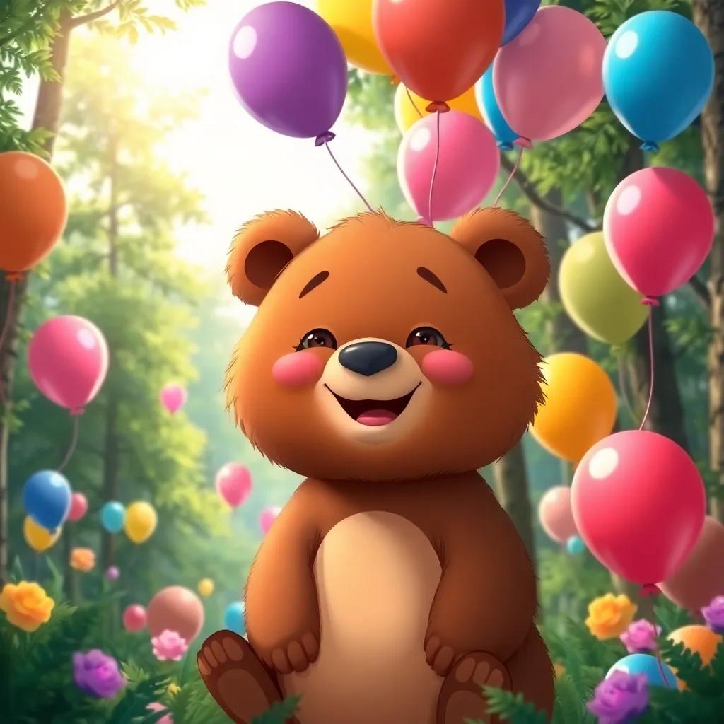 A small bear, Osito, with soft brown fur and a joyful smile, surrounded by colorful balloons in a forest, the sun shining through the trees, digital art, vivid colors, cheerful atmosphere, high quality