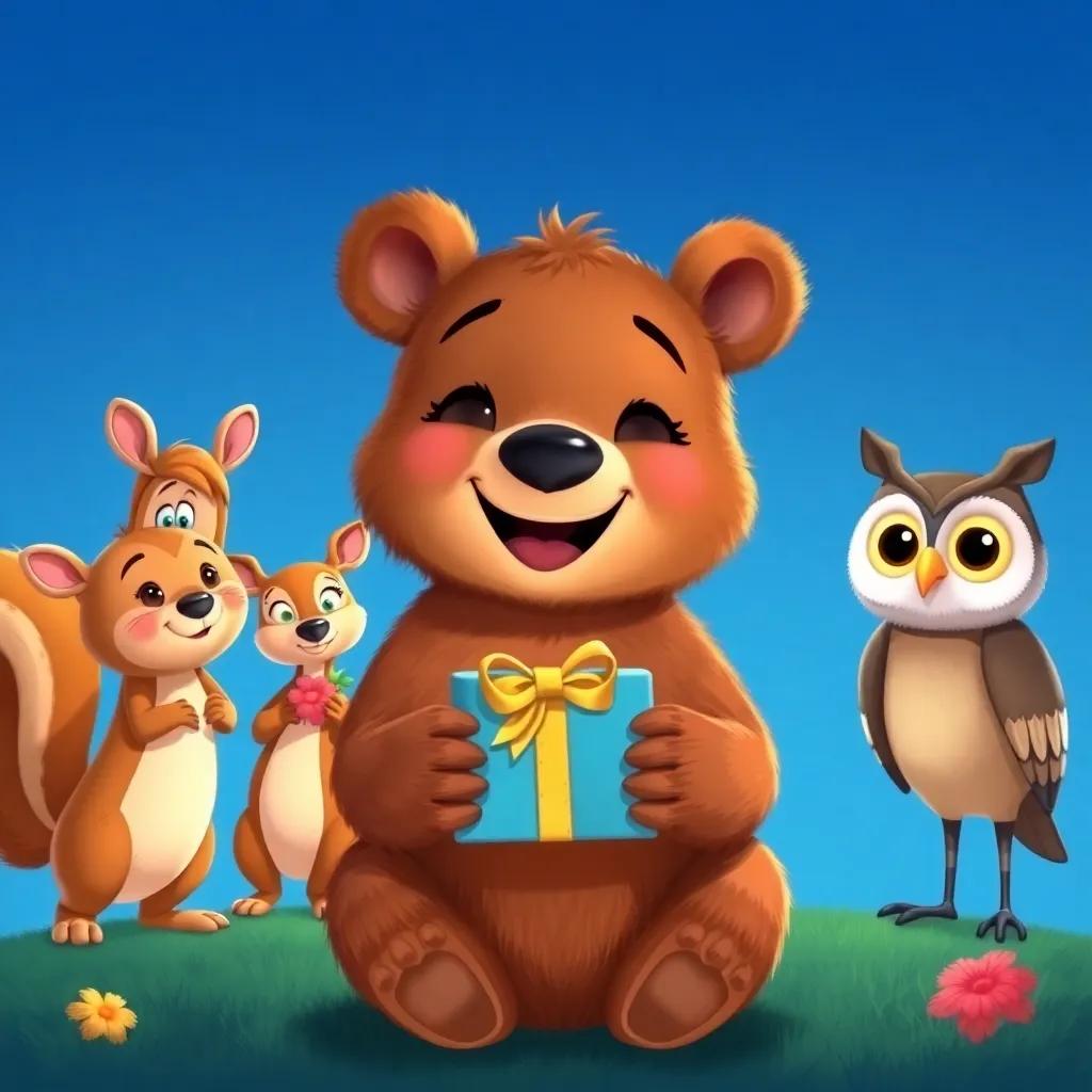 Osito, a small bear with soft brown fur, happily receiving gifts from his friends: a squirrel named Sara, a deer named Diego, and an owl named Oliver, under the bright blue sky, illustration, playful, vibrant colors, child-friendly