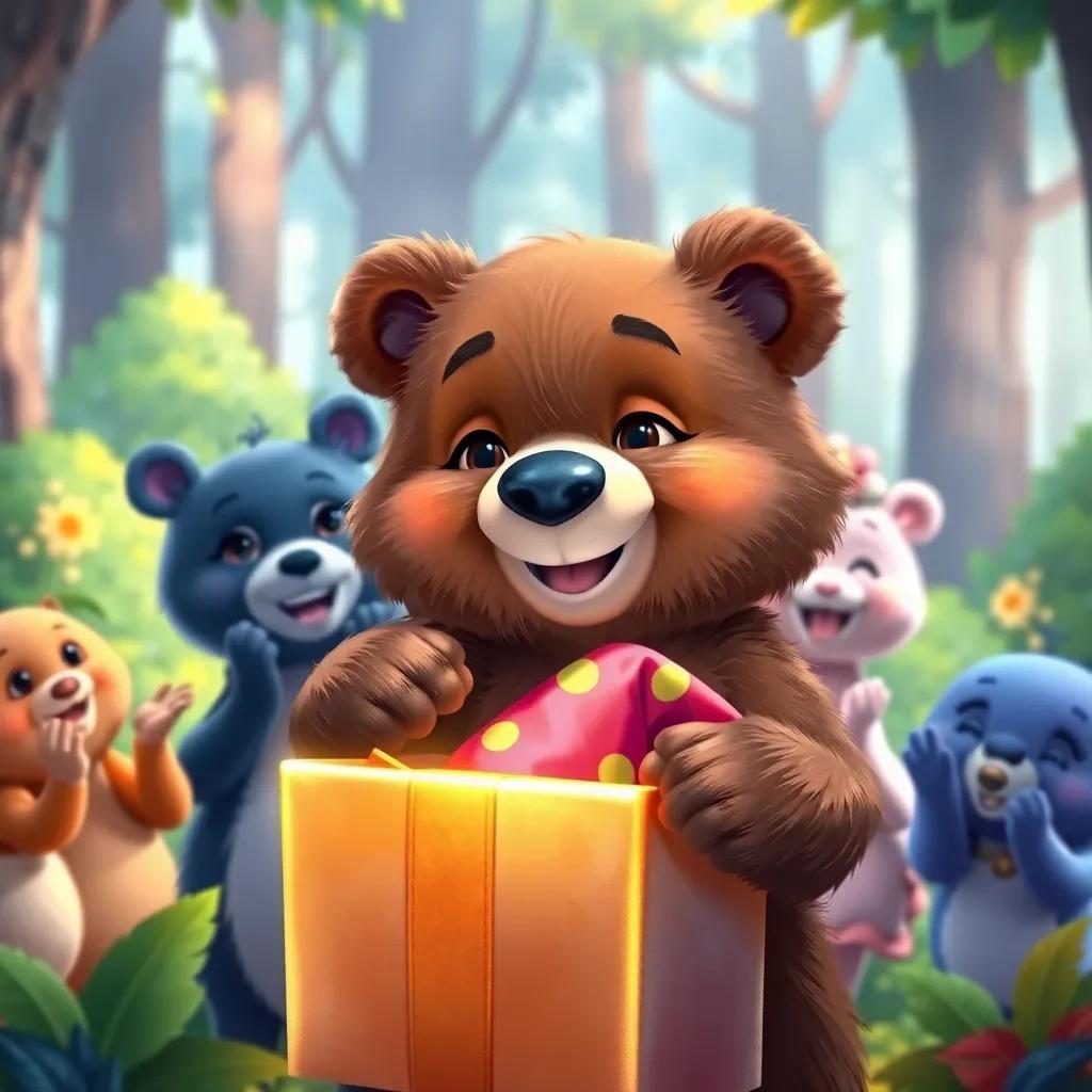 Osito, a small bear with soft brown fur, opening a shiny wrapped gift, revealing a colorful hat, surrounded by his friends who are clapping and smiling, cheerful forest background, digital painting, colorful, happy