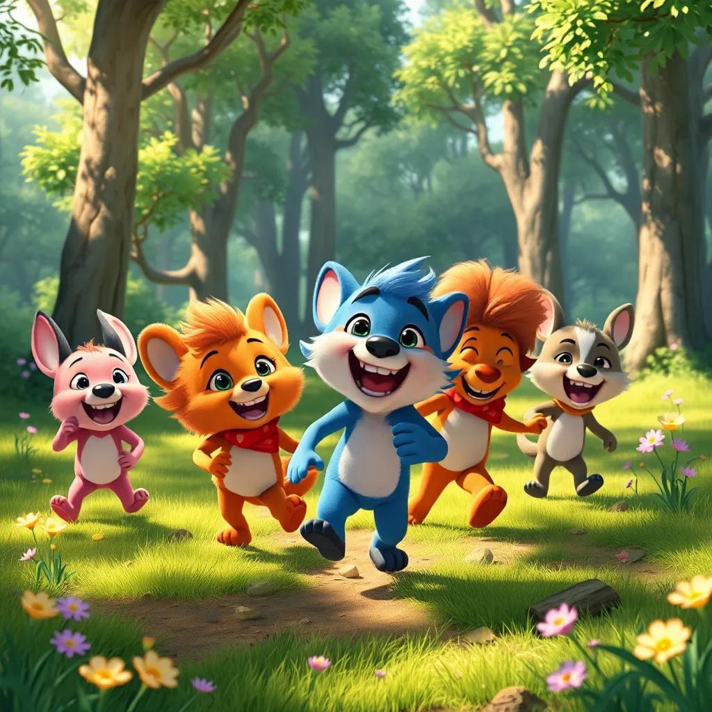 Osito and his friends playing a game of tag, filled with laughter and excitement, in a sunny forest clearing, with trees and flowers all around, illustration, fun, vivid and bright colors