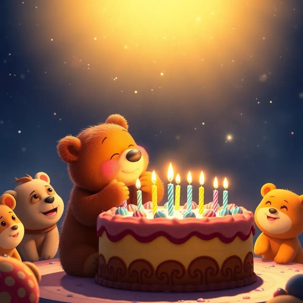 Osito, a small bear with soft brown fur, blowing out the candles on a large birthday cake, surrounded by his friends under a starlit sky, joyful celebration, warm light, colorful imagery