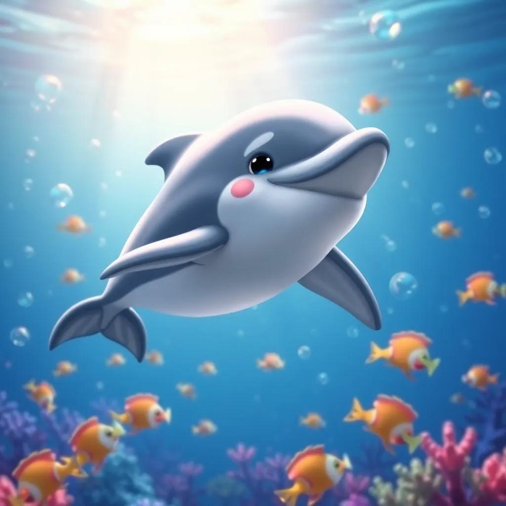 A young dolphin, Darío, swimming in a bright blue ocean full of bubbles and colorful fish, cheerful atmosphere, underwater view, digital art, vibrant colors, child-friendly