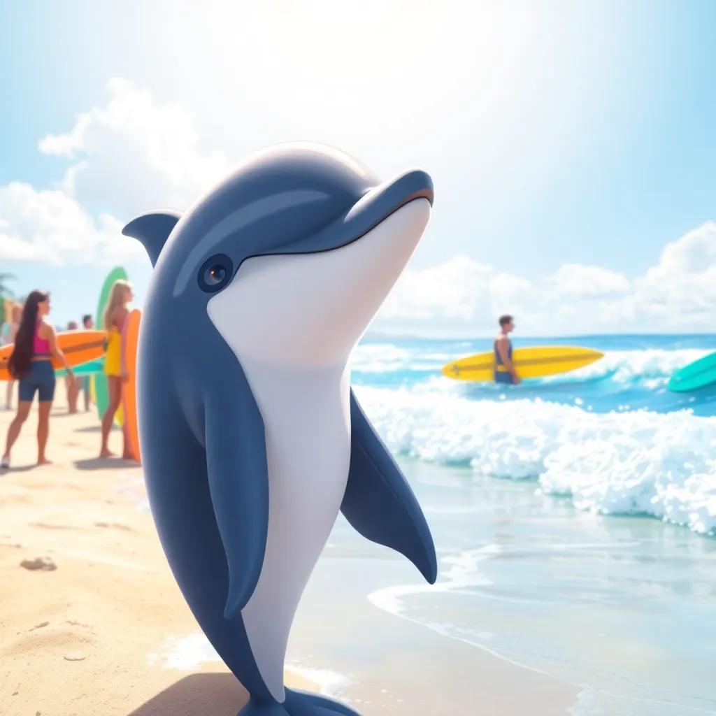 Darío the dolphin watching surfers on the beach, looking excited and hopeful, bright sunny day, sandy beach, colorful surfboards, digital illustration, inviting atmosphere