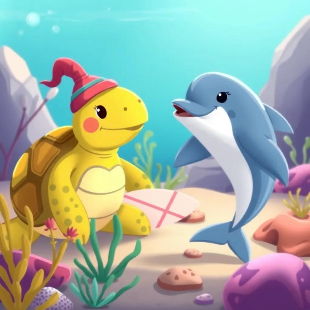 A wise turtle named Tomás conversing with Darío the dolphin, giving surfing tips, surrounded by ocean plants and rocks, friendly and joyful environment, colorful illustration, child-friendly