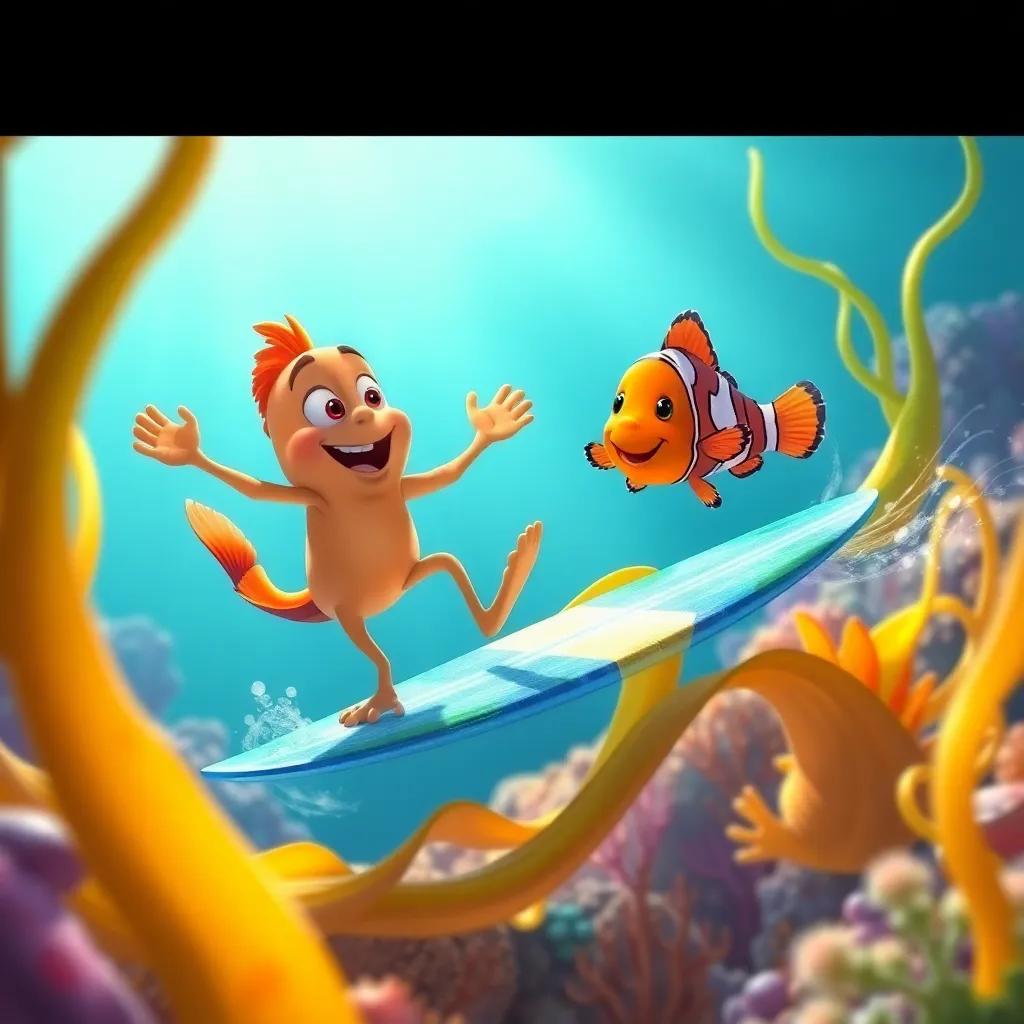 Darío practicing balance on a seaweed surfboard with his friend Pipo the clownfish cheering him on, fun and playful scene, underwater perspective, bright colors, high-quality illustration