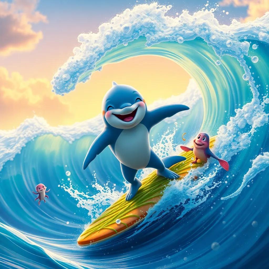 Darío the dolphin riding a huge wave on a seaweed surfboard, smiling widely as he surfs gracefully, ocean splashing around him, all the sea creatures watching in awe, dynamic and vibrant scene, vivid colors, detailed art
