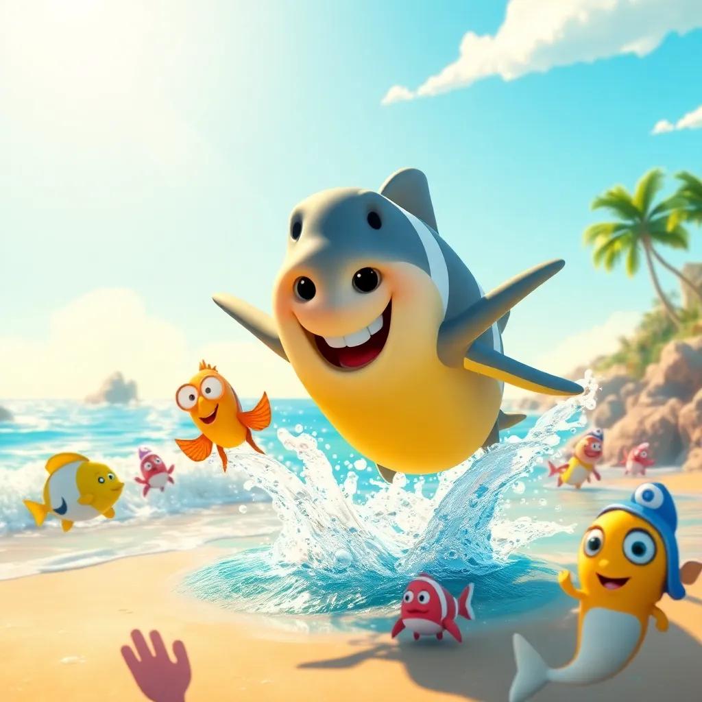 Darío landing at the beach with a big splash, fish and sea creatures cheering for him, sunny day, joyful celebration atmosphere, colorful summer scene, high-quality illustration