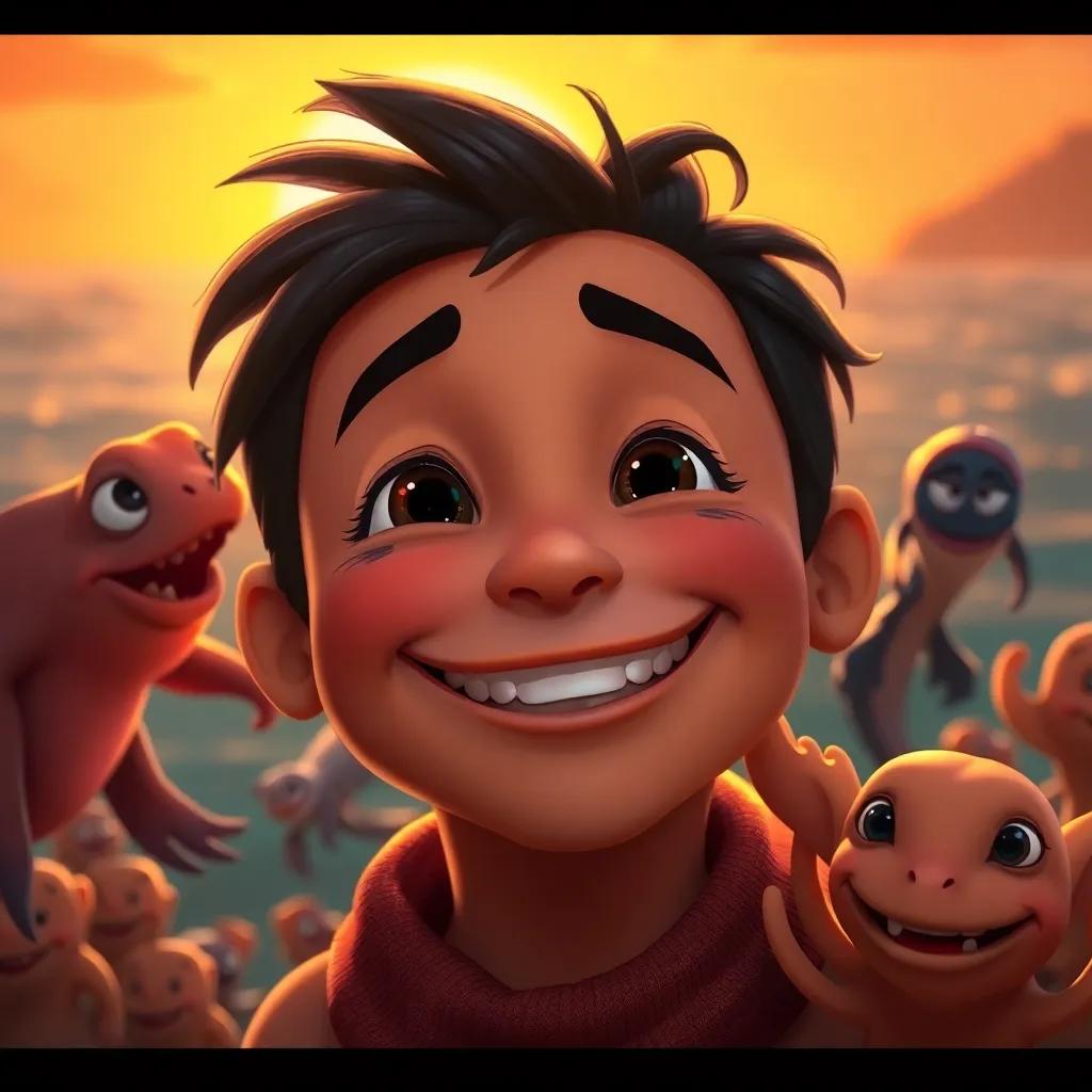 A close-up of Darío smiling with sea creatures around him, with a bright sunset in the background, showing his happiness, warm colors, emotional scene, detailed digital illustration
