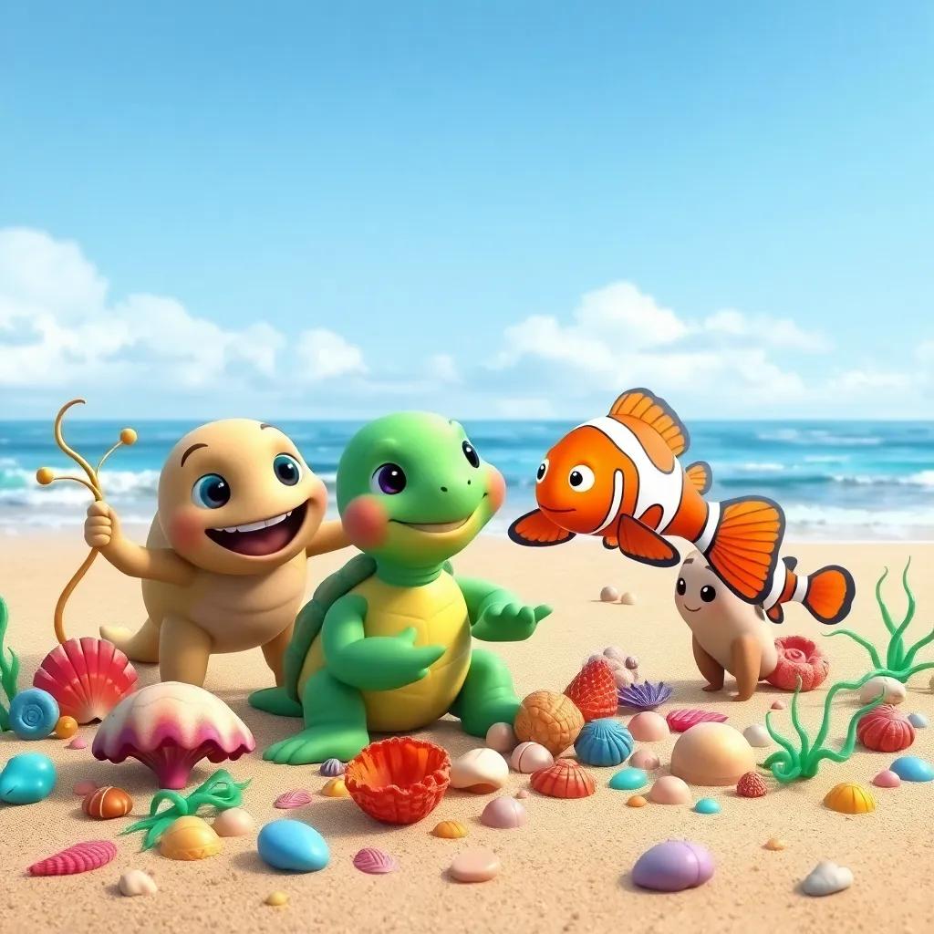 A group of sea creatures including Tomás the turtle and Pipo the clownfish celebrating with Darío on the beach, surrounded by colorful shells and seaweed, cheerful and festive mood, vibrant colors, child-friendly scene