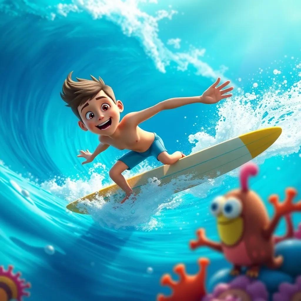 Darío surfing every morning, showing off his skills, with the sea creatures cheering him on, beautiful waves in the background, dynamic underwater view, bright and lively colors, detailed digital art
