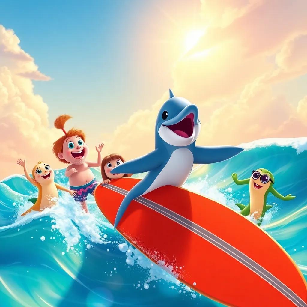 Darío the dolphin, now a great surfer, surrounded by his friends celebrating a day at the beach, sunny sky and waving ocean, joyful atmosphere, colorful and heartwarming scene, high-quality illustration