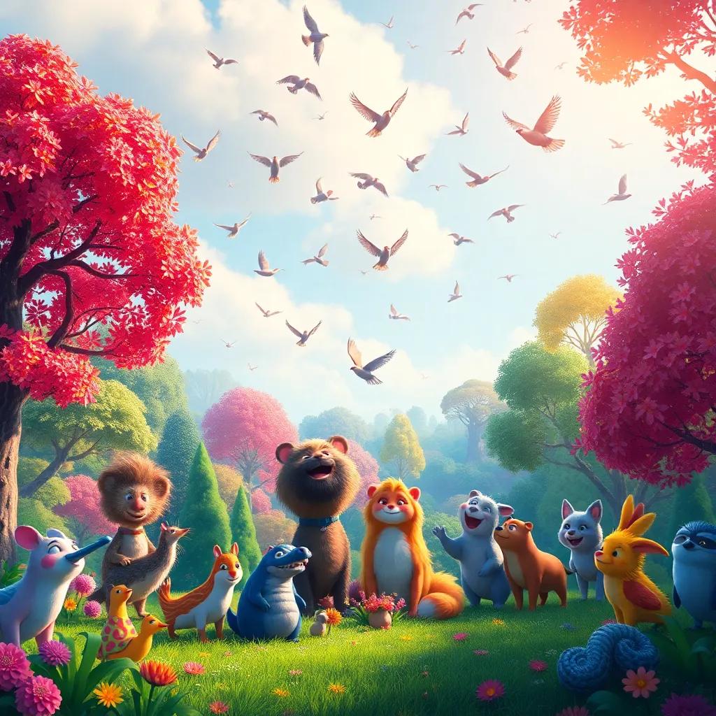 A vibrant forest during the day with singing birds in the sky, cheerful animals gathering for a party, bright colors, digital art, lively atmosphere, highly detailed