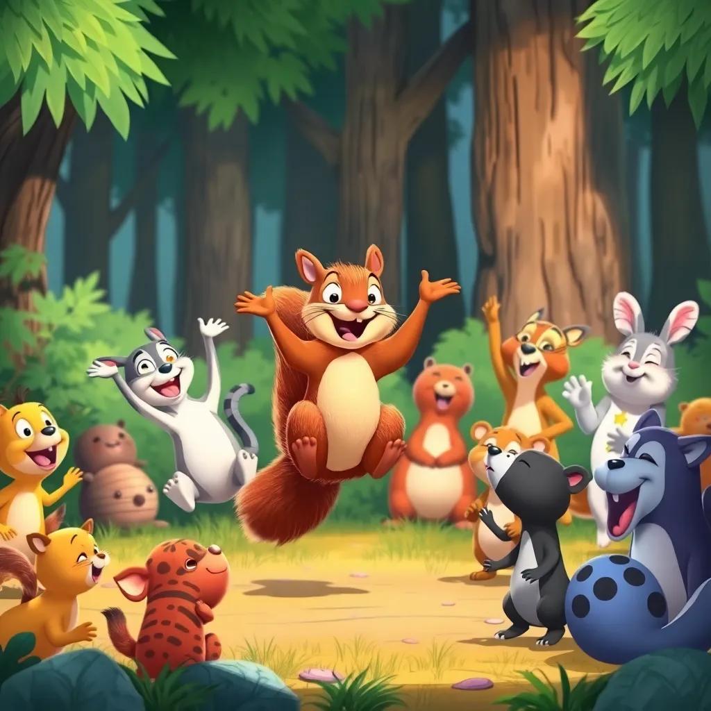 A group of animals excitedly participating in a jumping contest, a squirrel organizing the event, various animals cheering, colorful forest setting, cheerful mood, illustration