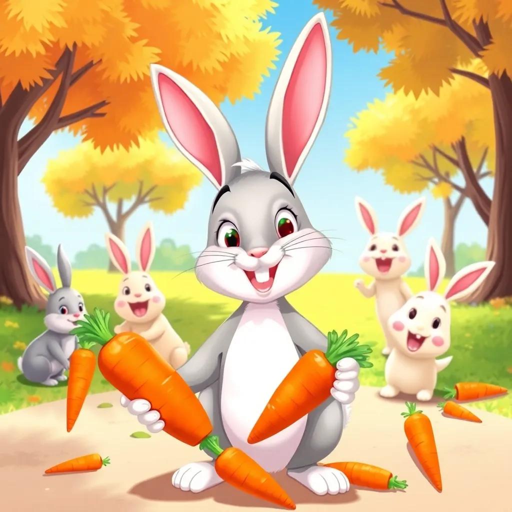 A playful bunny with big carrots, happy animals enjoying delicious carrot snacks under sunny trees, bright colors, warm light, friendly illustration