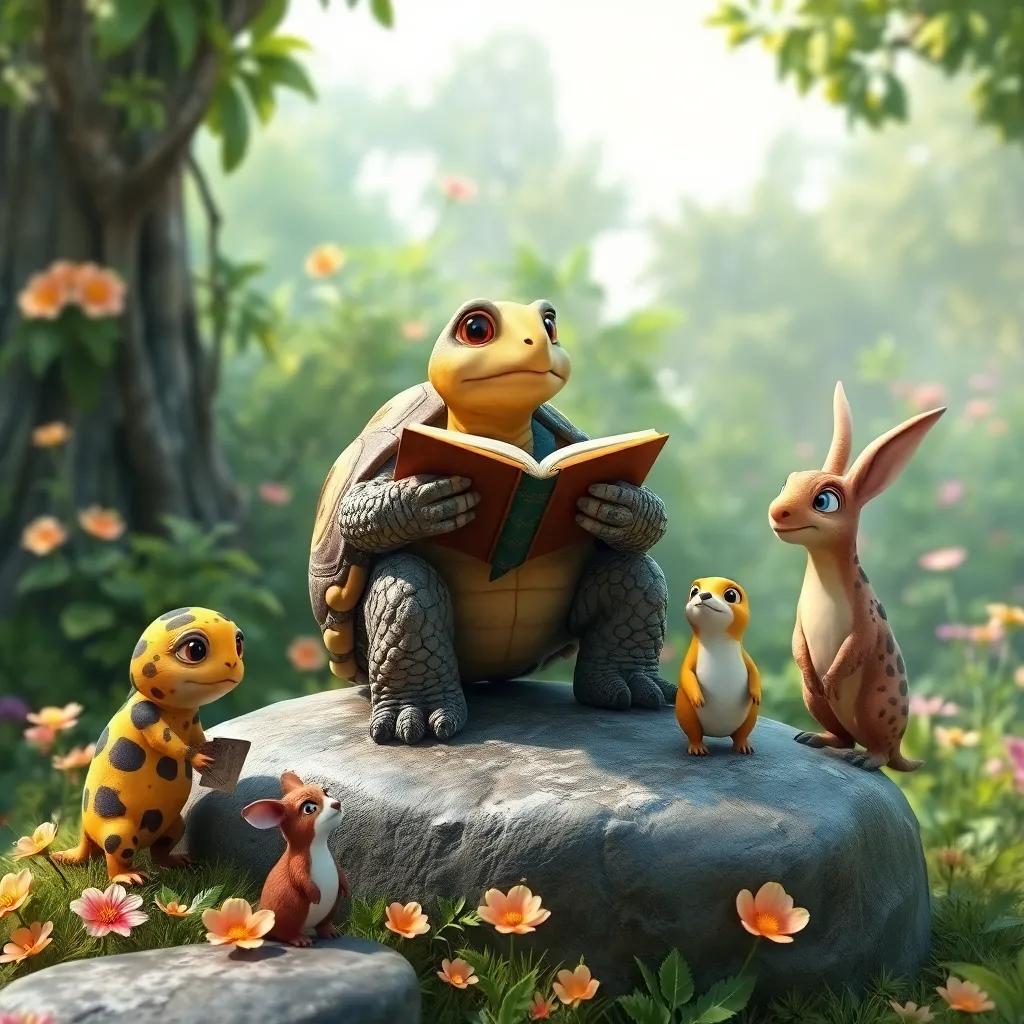 A wise tortoise on a stone, telling captivating stories to enchanted animals, a backdrop of lush greenery and flowers, storytelling magic, detailed digital scene