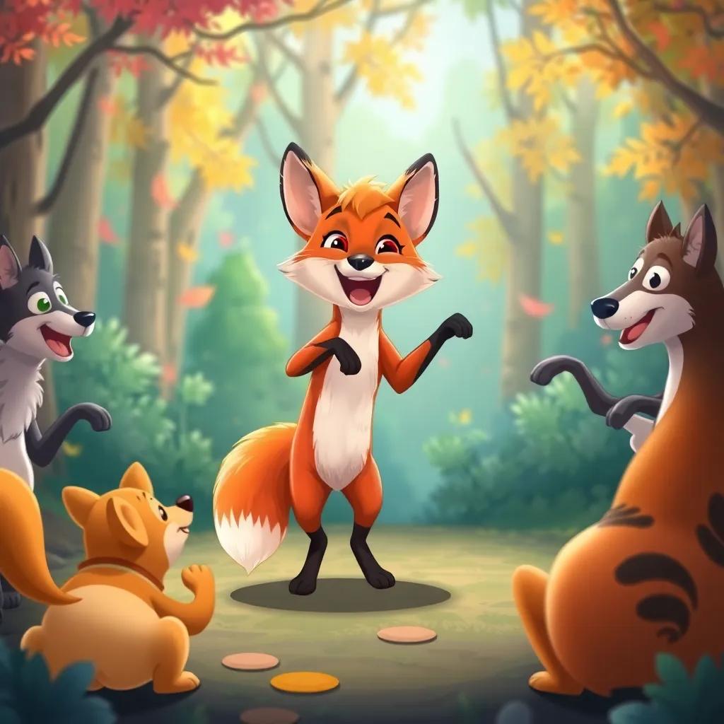 A lively fox dancing with joy, animals forming a circle around it, colorful forest backdrop, expressive movements, child-friendly illustration