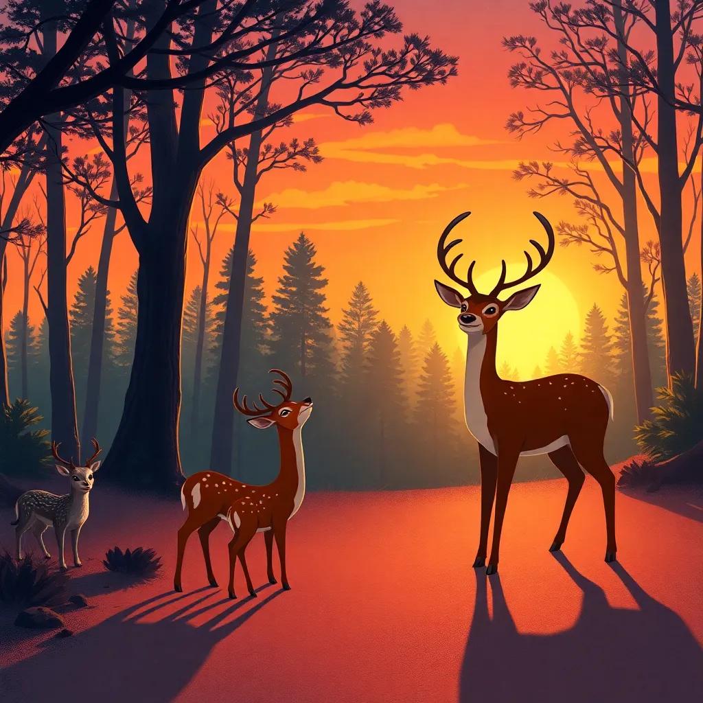 A clever family of deer casting shadow figures to surprise other animals, enchanting forest setting at sunset, artistic illustration, warm tones