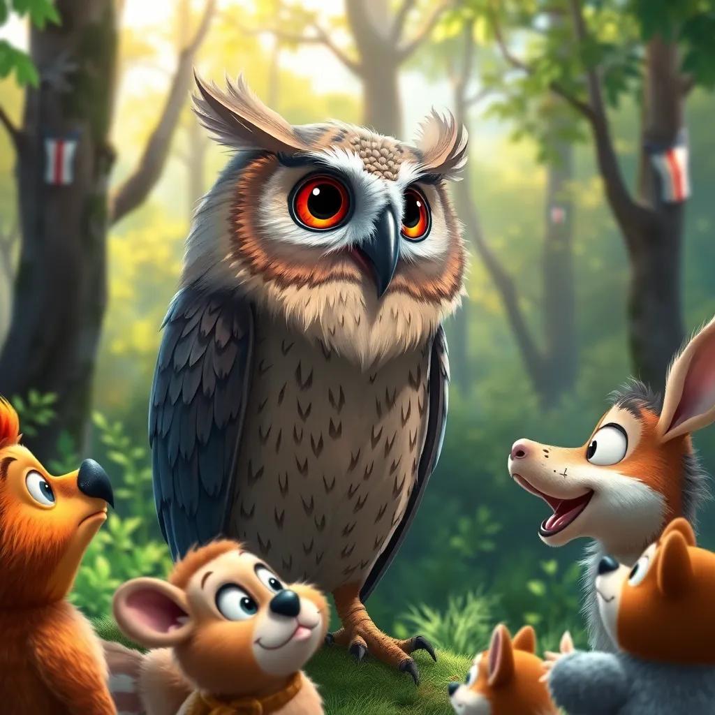 An old owl asking fun and curious questions to eager animals, bright forest background, wisdom and curiosity theme, detailed art