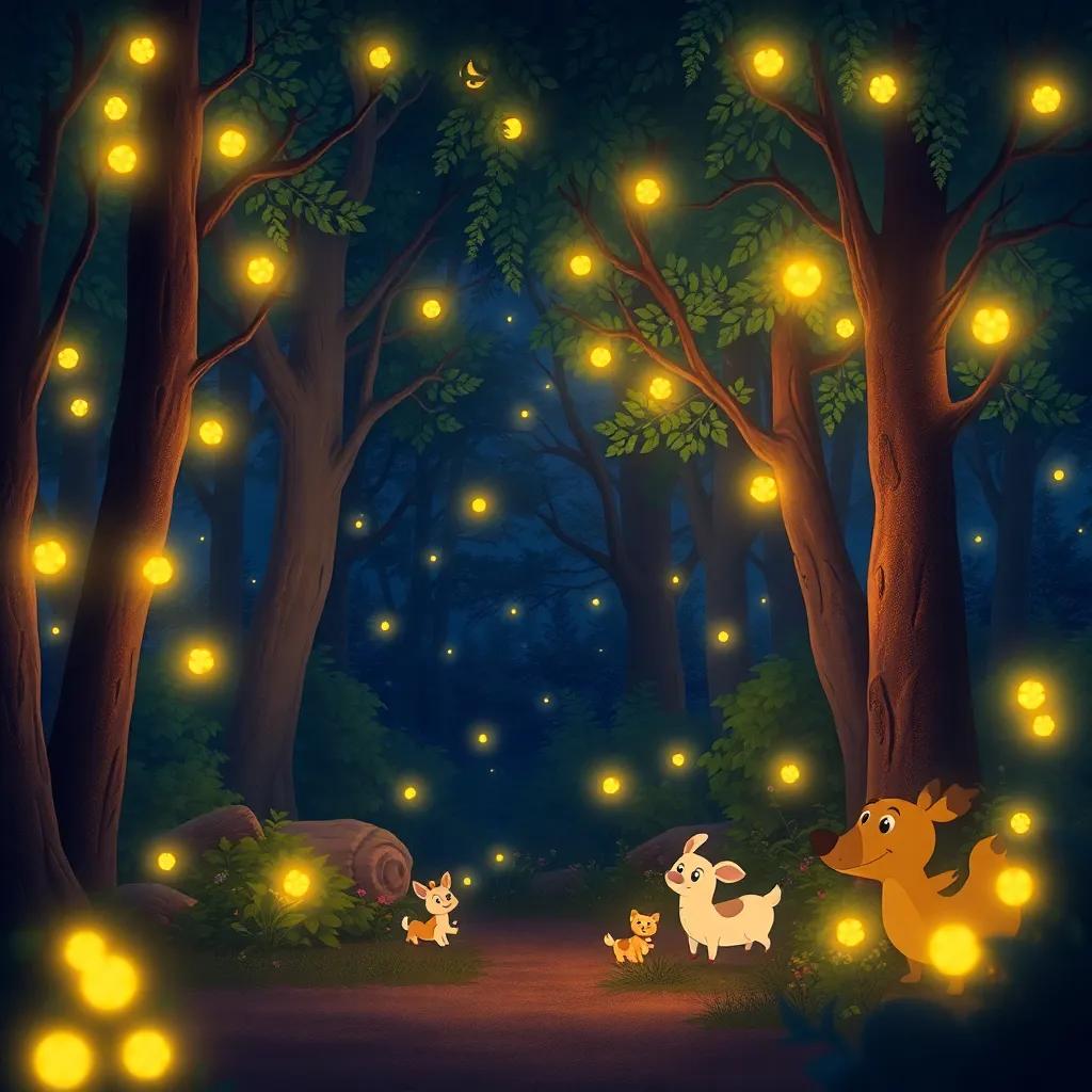 A beautiful night scene with glowing fireflies illuminating the forest and happy animals, cozy atmosphere, warm lighting, magical illustration