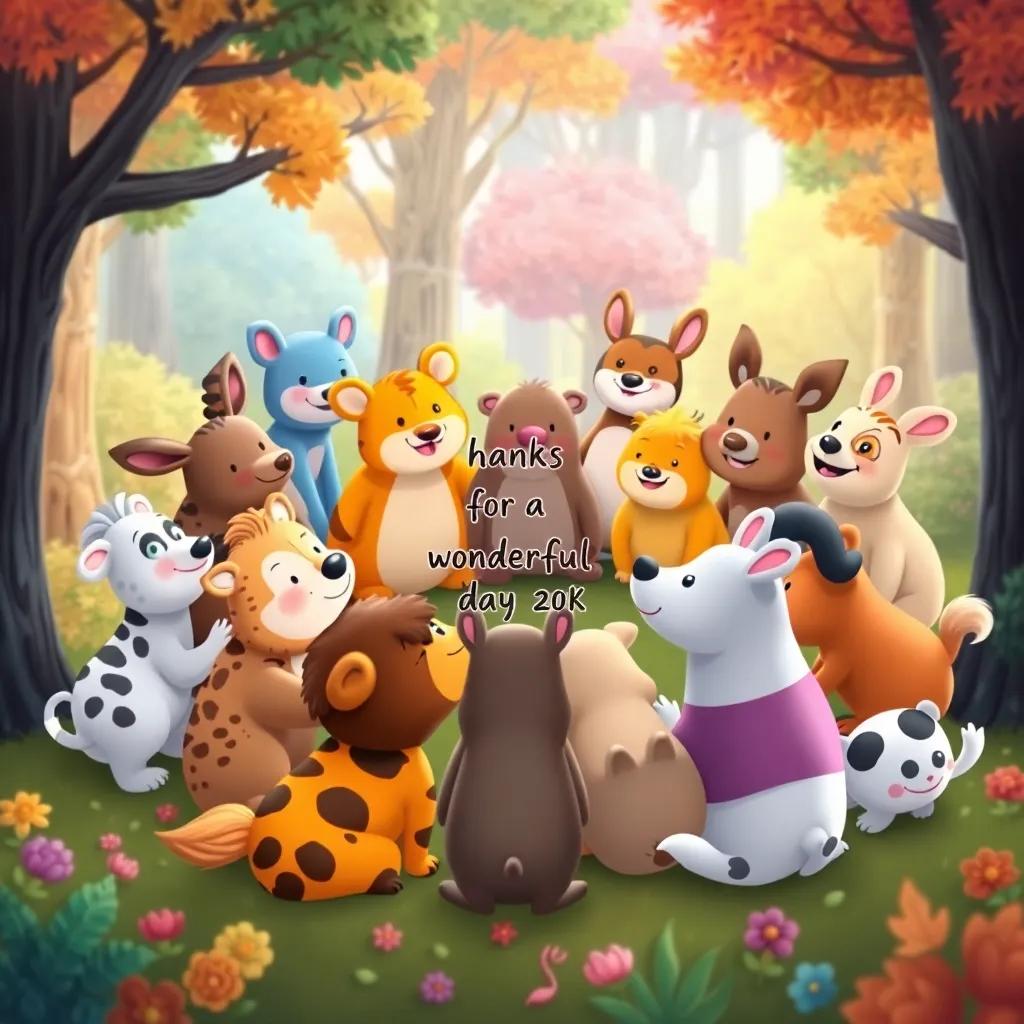 A gathering of animals in a circle, sharing smiles and thanks for a wonderful day, colorful forest background, heartwarming illustration
