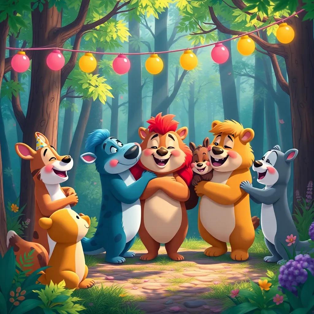 A memorable party scene in the forest, animals saying goodbye with hugs and laughter, bright colors, joyful atmosphere, digital artwork