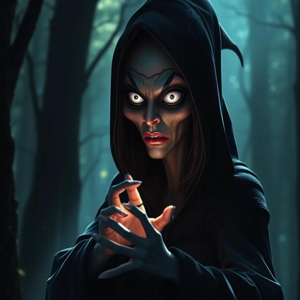 Una bruja malvada con una mirada enojada, rodeada de sombras oscuras, usando un manto negro, en un lugar tenebroso del bosque, arte digital, oscuro, aterrador